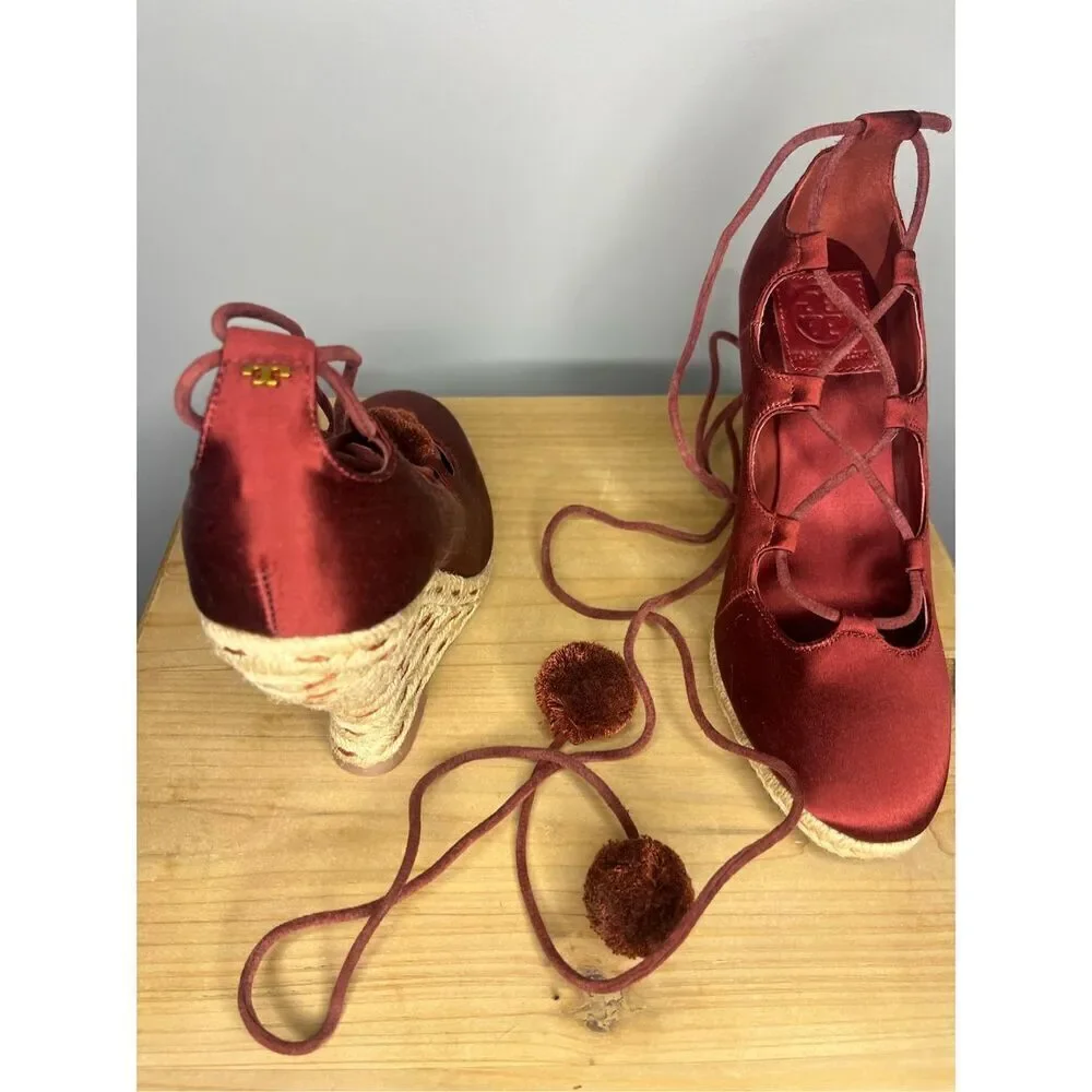 Tory Burch‎ Women's High Heels Wedge Espadrilles Pompoms Satin Merlot Shoes 5.5